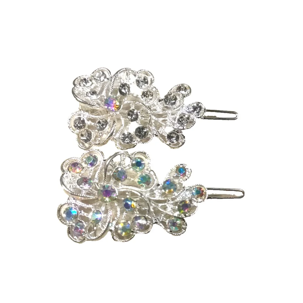 Lot Of 2 Hair Barrettes Silver Tone Rhinestones Fancy Color Different